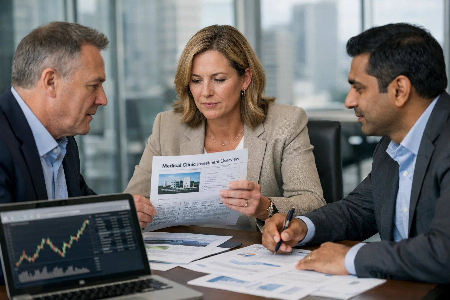 Business experts in a meeting discussing strategic financial data.