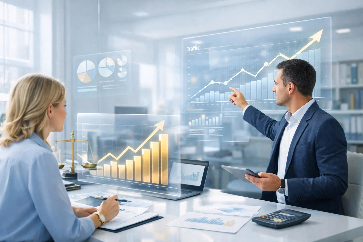 Accounting SEO growth analysis dashboard with traffic charts and performance metrics discussed by consultants.
