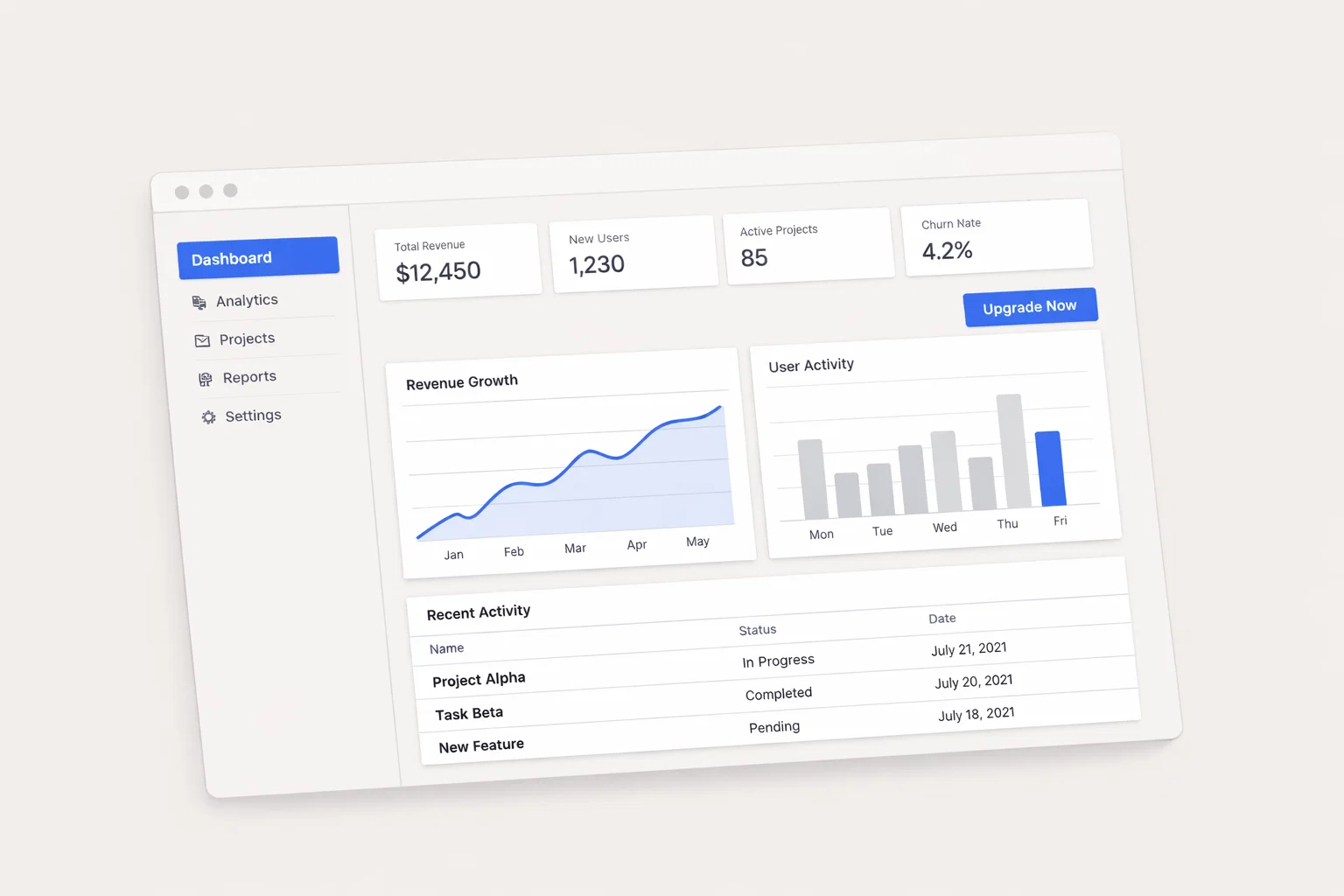 Analytics dashboard UI with revenue growth chart, user activity bars and project metrics.